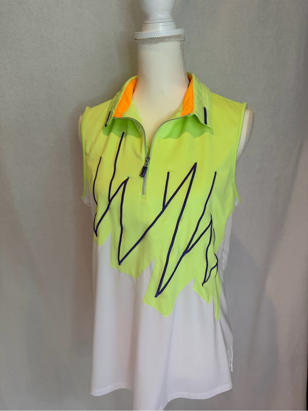 Sleeveless Zip Polo Top in Neon Lime & White with Orange Trim